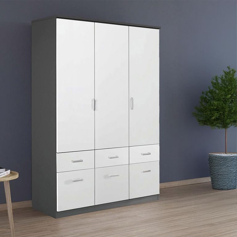 Celle Wardrobe - 136cm - 3 Door - 6 Drawer - Metallic Dark Grey & Alpine White