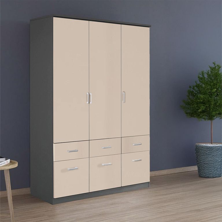 Celle Wardrobe - 136cm - 3 Door - 6 Drawer - Metallic Dark Grey & Champagne