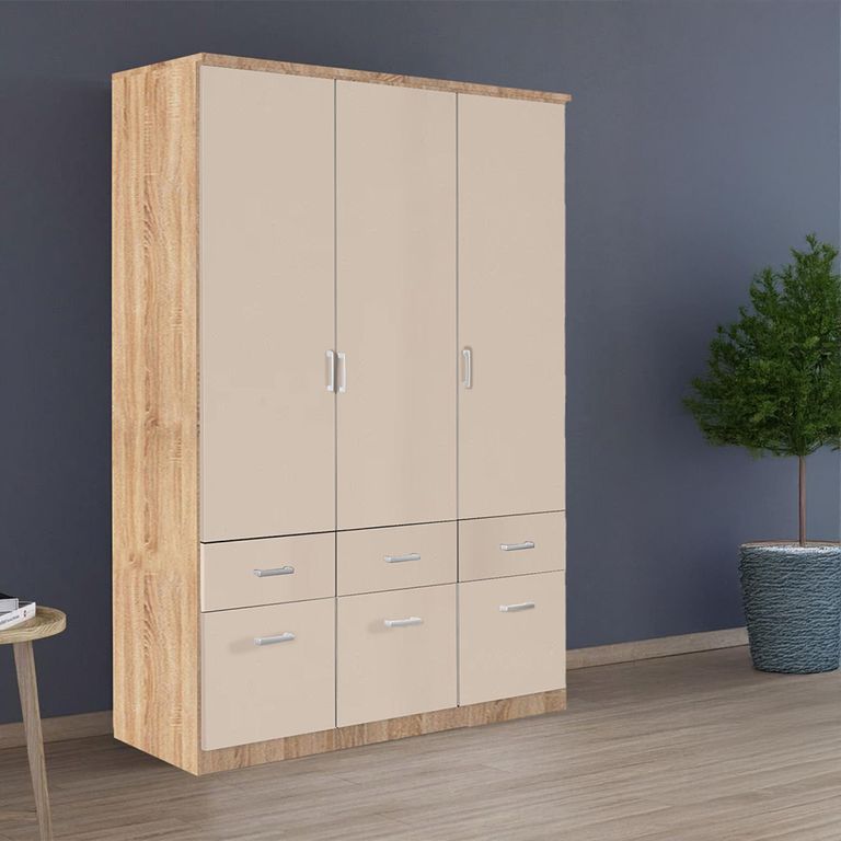 Celle Wardrobe - 136cm - 3 Door - 6 Drawer - Sonoma Oak & Champagne