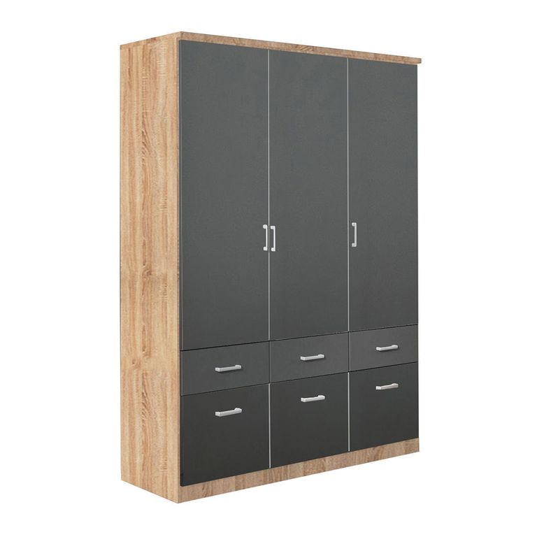 Celle Wardrobe - 136cm - 3 Door - 6 Drawer - Sonoma Oak & Metallic Dark Grey