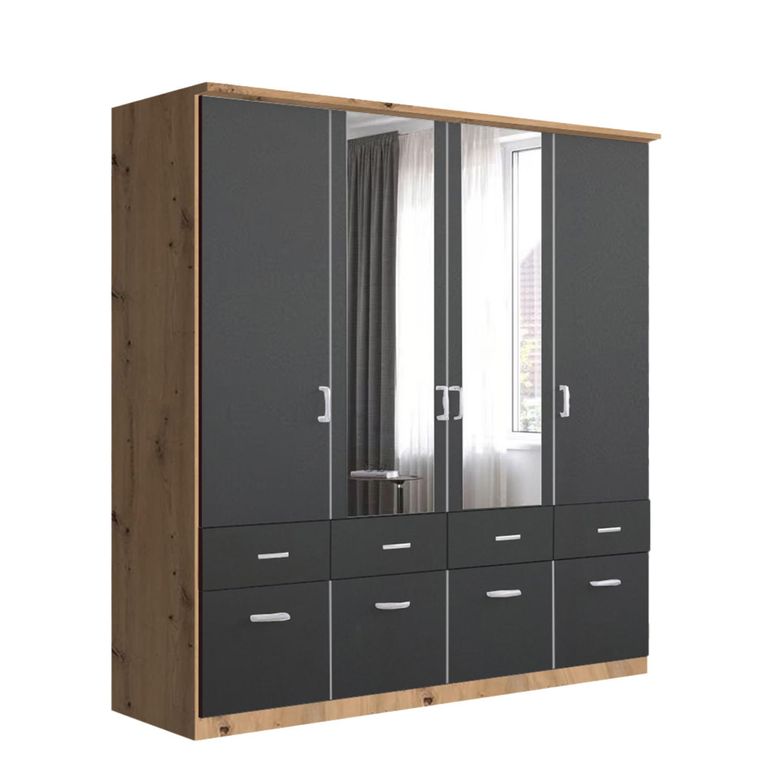 Celle Wardrobe - 181cm - 4 Door - Combi - Artisan Oak & Metallic Dark Grey