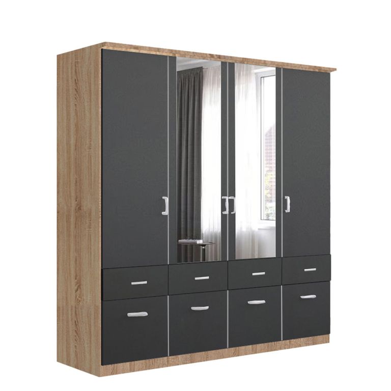 Celle Wardrobe - 181cm - 4 Door - Combi - Sonoma Oak & Metallic Dark Grey