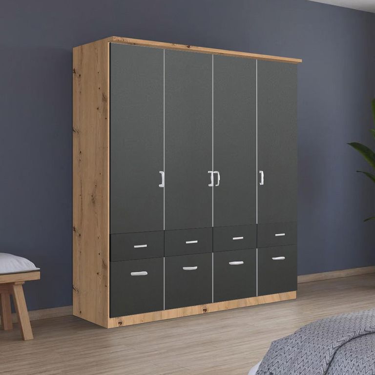 Celle Wardrobe - 181cm - 4 Door - with Drawer - Artisan Oak & Metallic Dark Grey