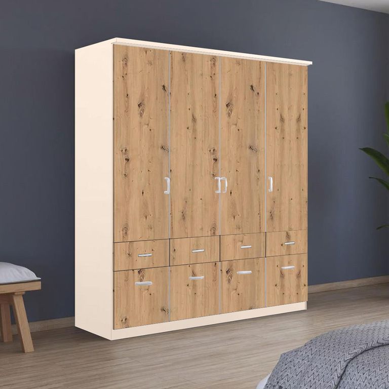 Celle Wardrobe - 181cm - 4 Door - with Drawer - Champagne & Artisan Oak