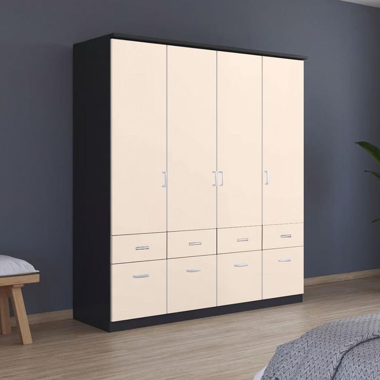 Celle Wardrobe - 181cm - 4 Door - with Drawer - Metallic Dark Grey & Champagne