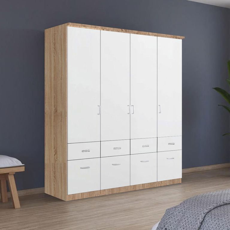 Celle Wardrobe - 181cm - 4 Door - with Drawer - Sonoma Oak & Alpine White