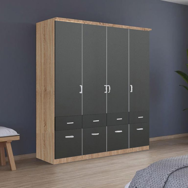 Celle Wardrobe - 181cm - 4 Door - with Drawer - Sonoma Oak & Metallic Dark Grey