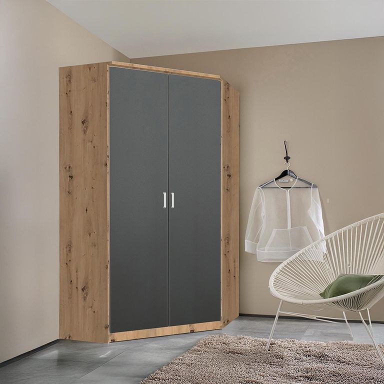 Celle Super Wardrobe - 117cm - 2 Door Corner - Artisan Oak & Metallic Dark Grey