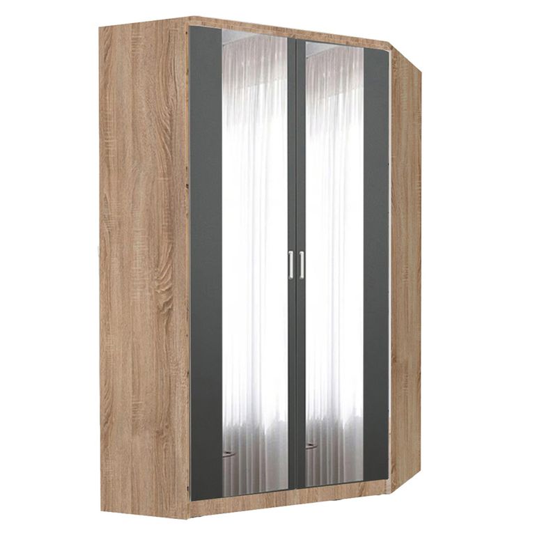 Rauch Celle Super 117cm 2 Door Corner Wardrobe with Mirror - Sonoma Oak and Metallic Dark Grey