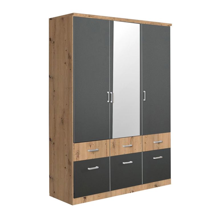 Celle Super Wardrobe - 136cm - 3 Door - Combi - Artisan Oak & Metallic Dark Grey