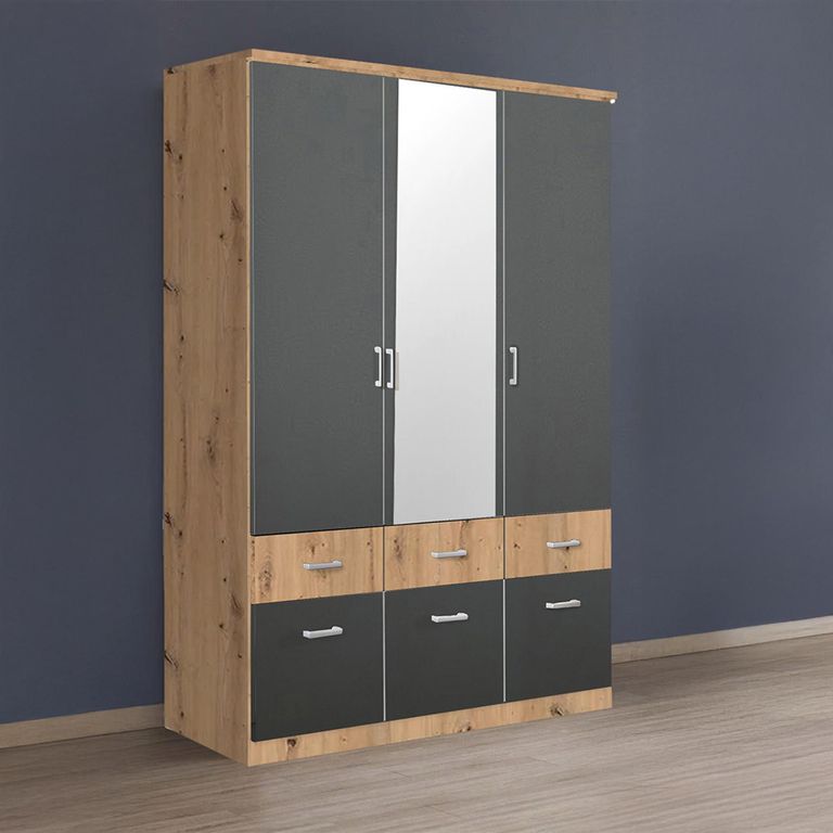 Celle Super Wardrobe - 136cm - 3 Door - Combi - Artisan Oak & Metallic Dark Grey