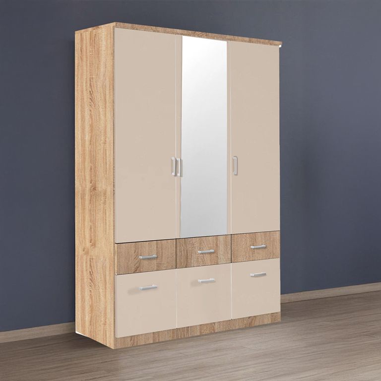 Celle Super Wardrobe - 136cm - 3 Door - Combi - Sonoma Oak & Champagne