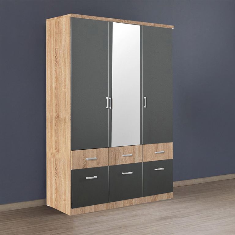 Celle Super Wardrobe - 136cm - 3 Door - Combi - Sonoma Oak & Metallic Dark Grey