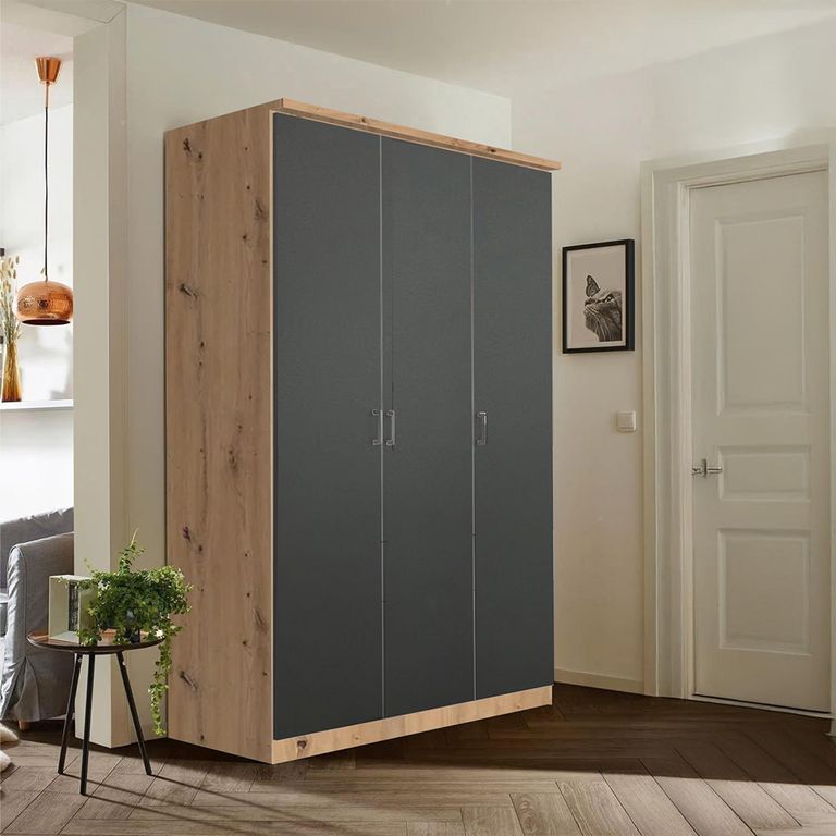 Celle Super Wardrobe - 136cm - 3 Door - Artisan Oak & Metallic Dark Grey