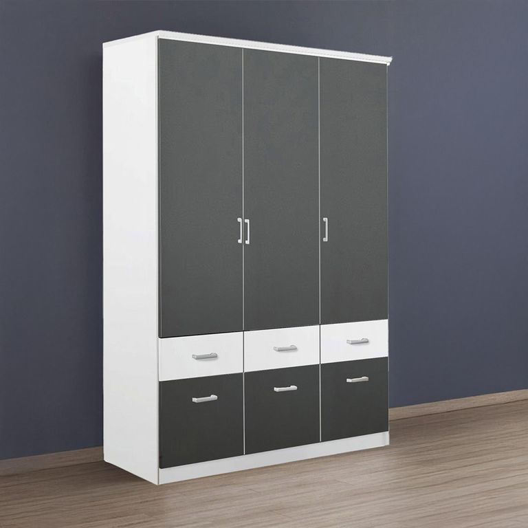 Celle Super Wardrobe - 136cm - 3 Door - 6 Drawer - Alpine White & Metallic Dark Grey