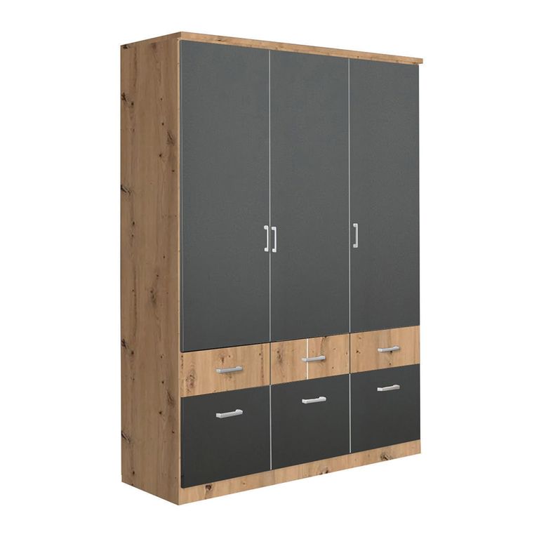 Celle Super Wardrobe - 136cm - 3 Door - 6 Drawer - Artisan Oak & Metallic Dark Grey