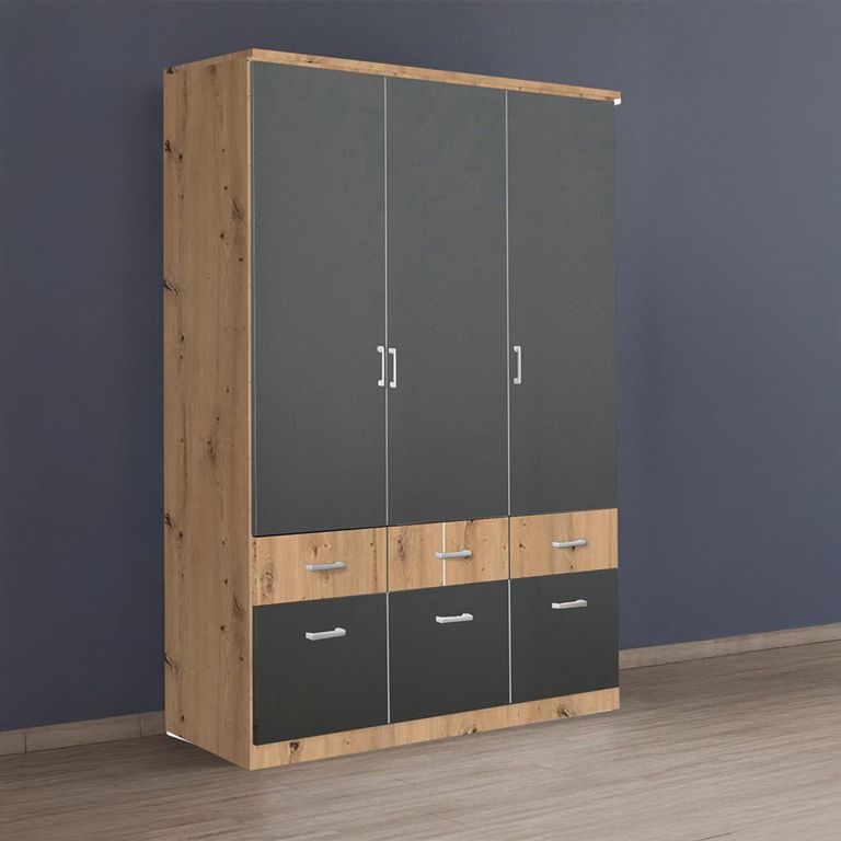 Celle Super Wardrobe - 136cm - 3 Door - 6 Drawer - Artisan Oak & Metallic Dark Grey
