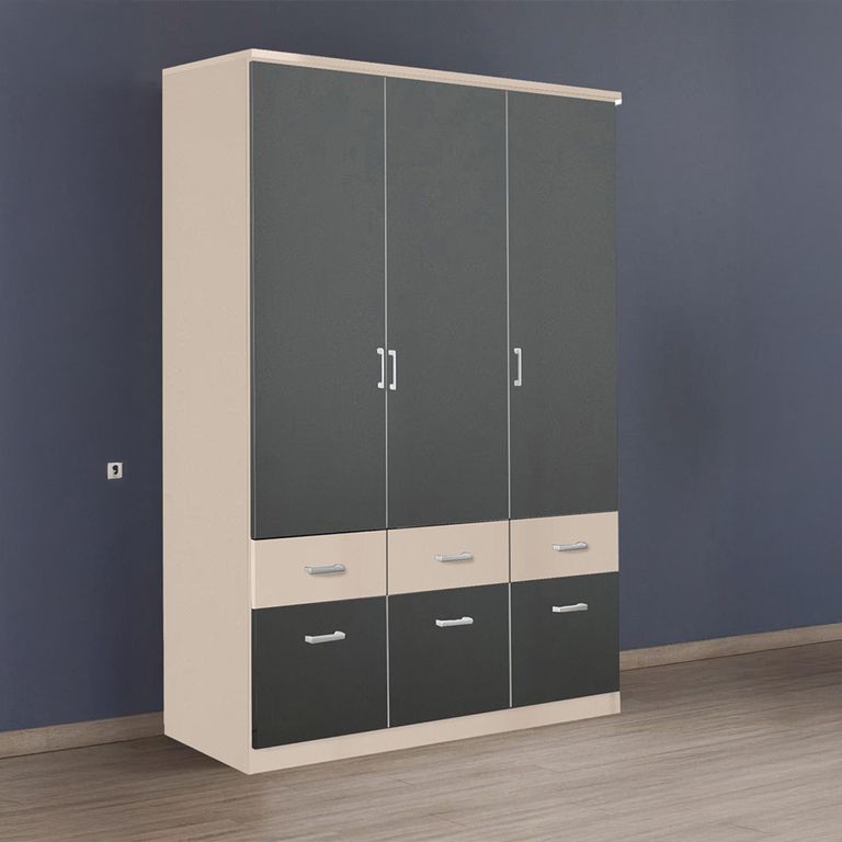 Celle Super Wardrobe - 136cm - 3 Door - 6 Drawer - Champagne & Metallic Dark Grey