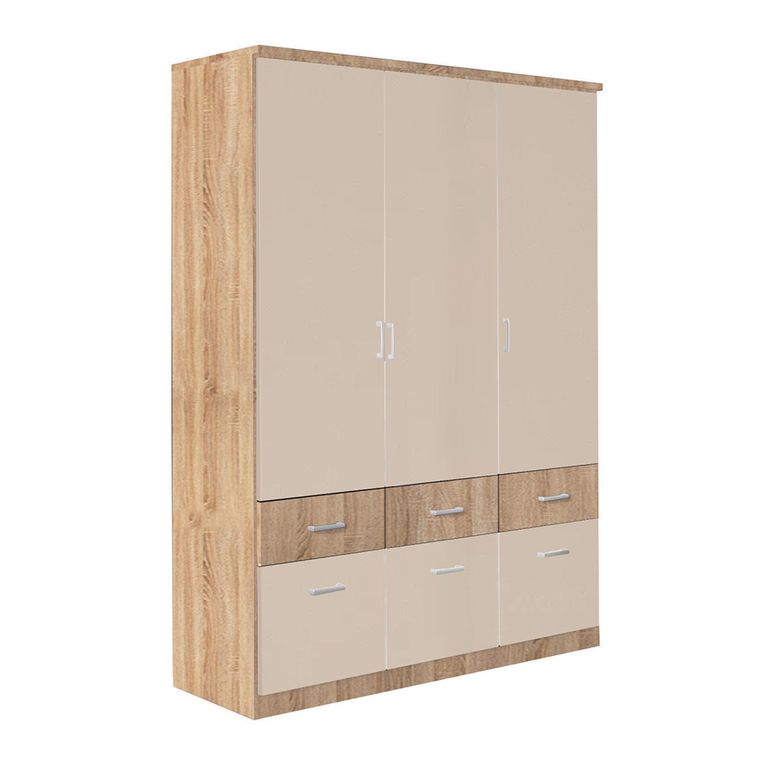 Celle Super Wardrobe - 136cm - 3 Door - 6 Drawer - Sonoma Oak & Champagne