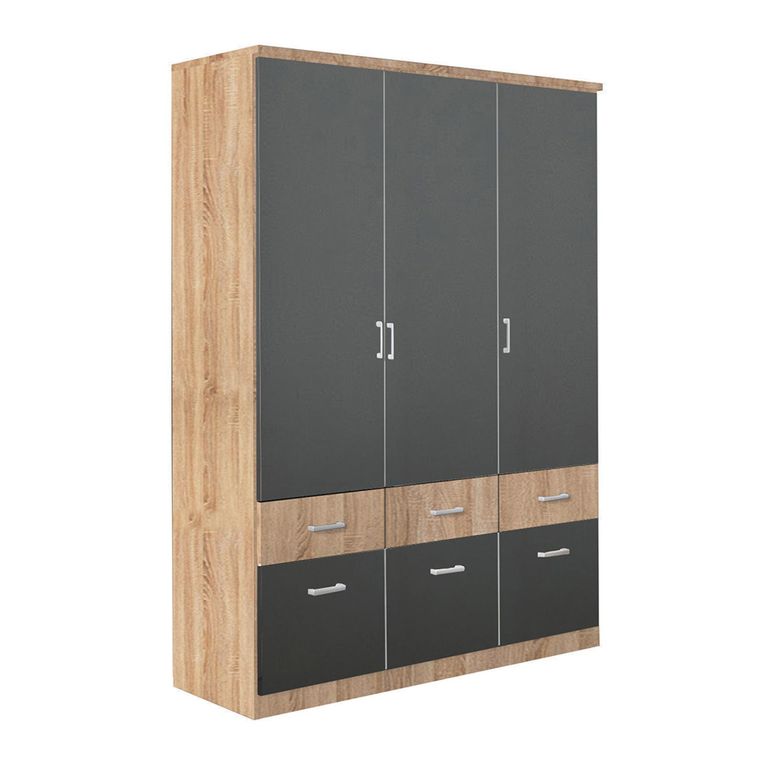 Celle Super Wardrobe - 136cm - 3 Door - 6 Drawer - Sonoma Oak & Metallic Dark Grey