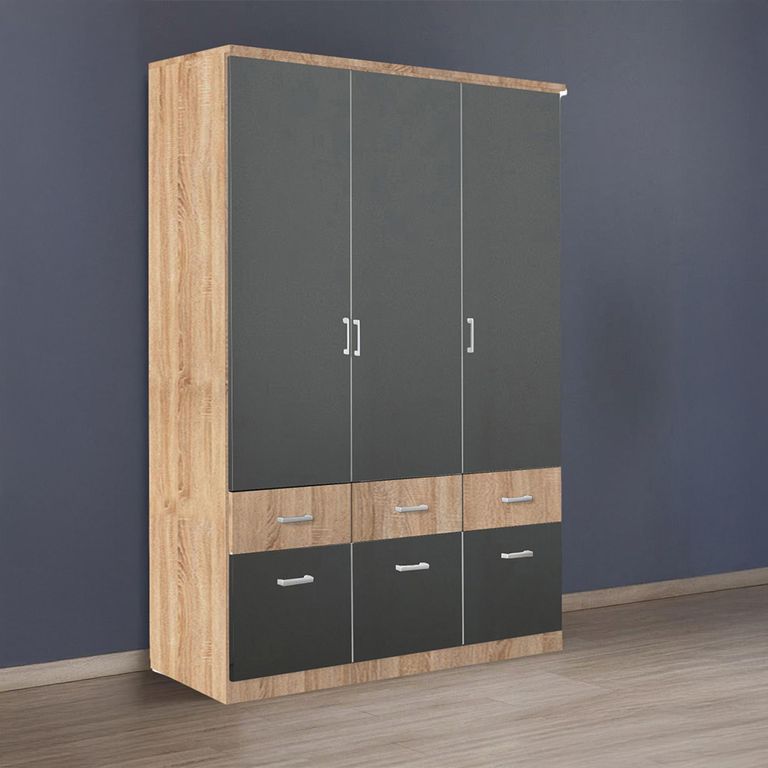 Celle Super Wardrobe - 136cm - 3 Door - 6 Drawer - Sonoma Oak & Metallic Dark Grey