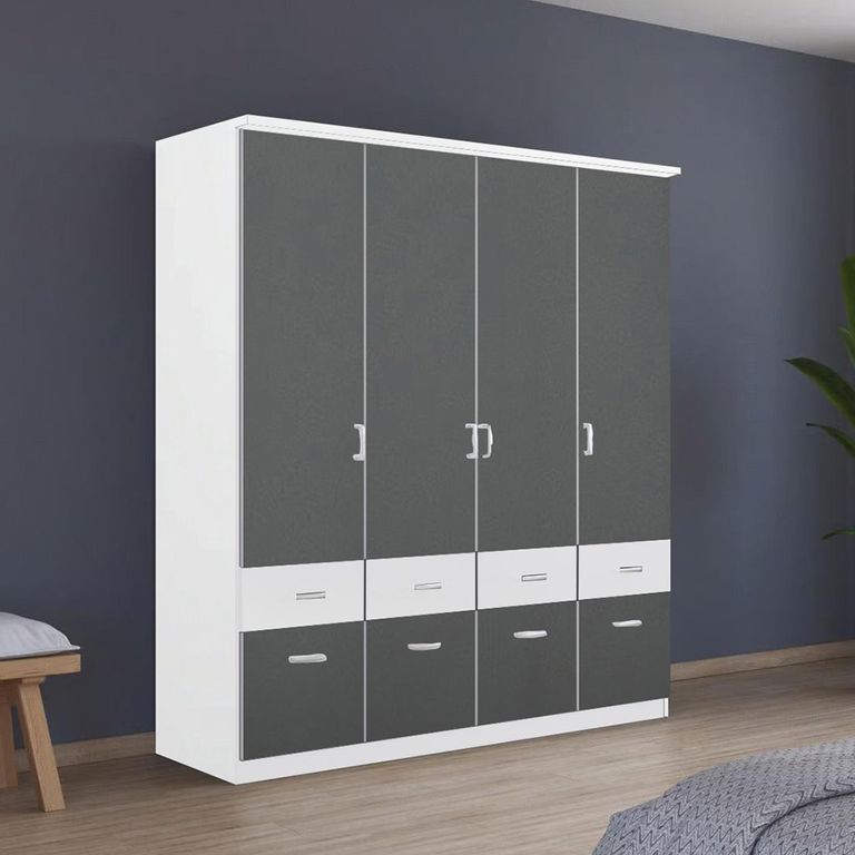 Celle Super Wardrobe - 181cm - 4 Door - with Drawer - Alpine White & Metallic Dark Grey