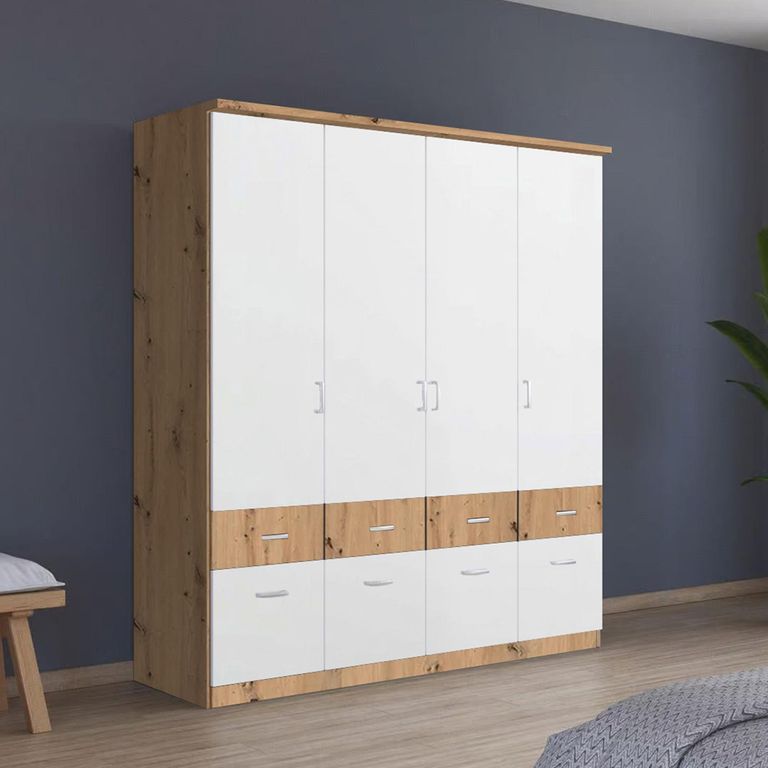 Celle Super Wardrobe - 181cm - 4 Door - with Drawer - Artisan Oak & Alpine White