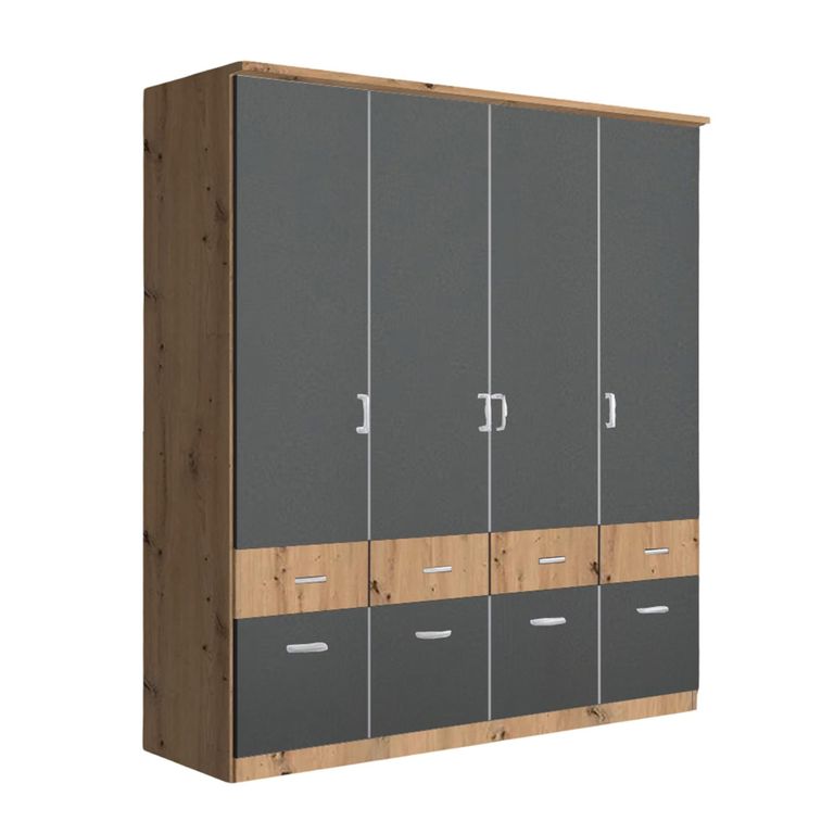 Celle Super Wardrobe - 181cm - 4 Door - with Drawer - Artisan Oak & Metallic Dark Grey