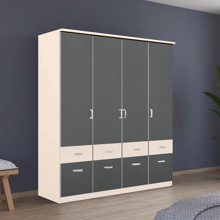 Celle Super Wardrobe - 181cm - 4 Door - with Drawer - Champagne & Metallic Dark Grey