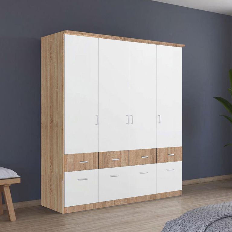 Celle Super Wardrobe - 181cm - 4 Door - with Drawer - Sonoma Oak & Alpine White