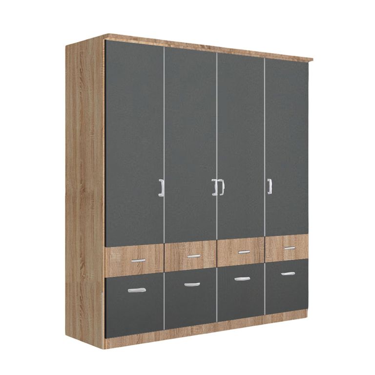 Celle Super Wardrobe - 181cm - 4 Door - with Drawer - Sonoma Oak & Metallic Dark Grey