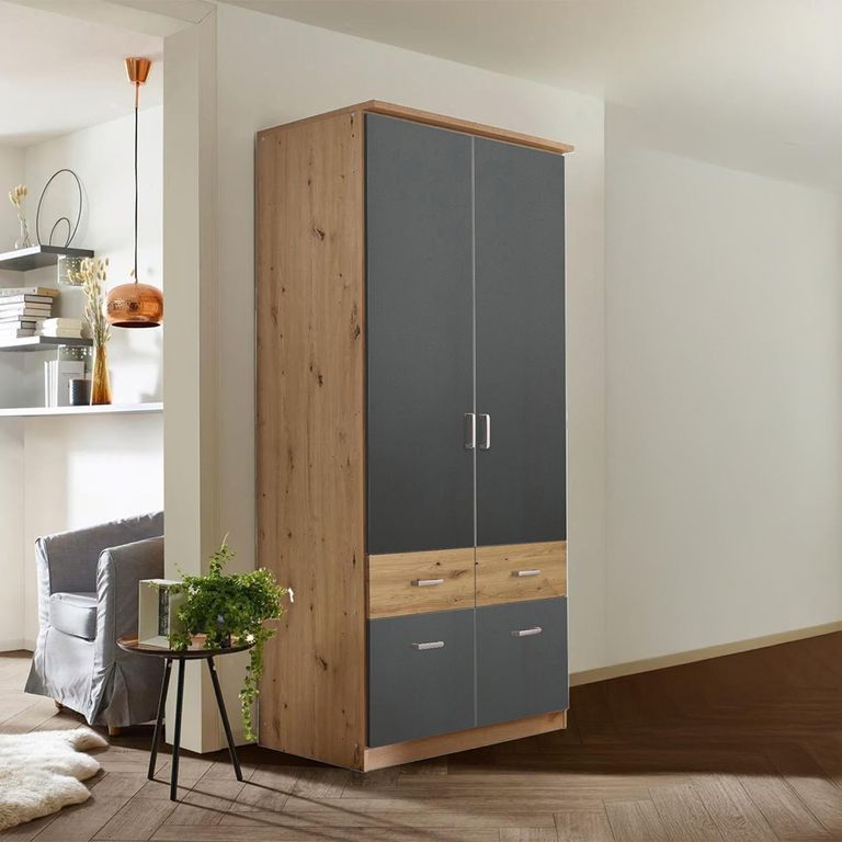 Celle Super Wardrobe - 91cm - 2 Door - 4 Drawer - Artisan Oak & Metallic Dark Grey