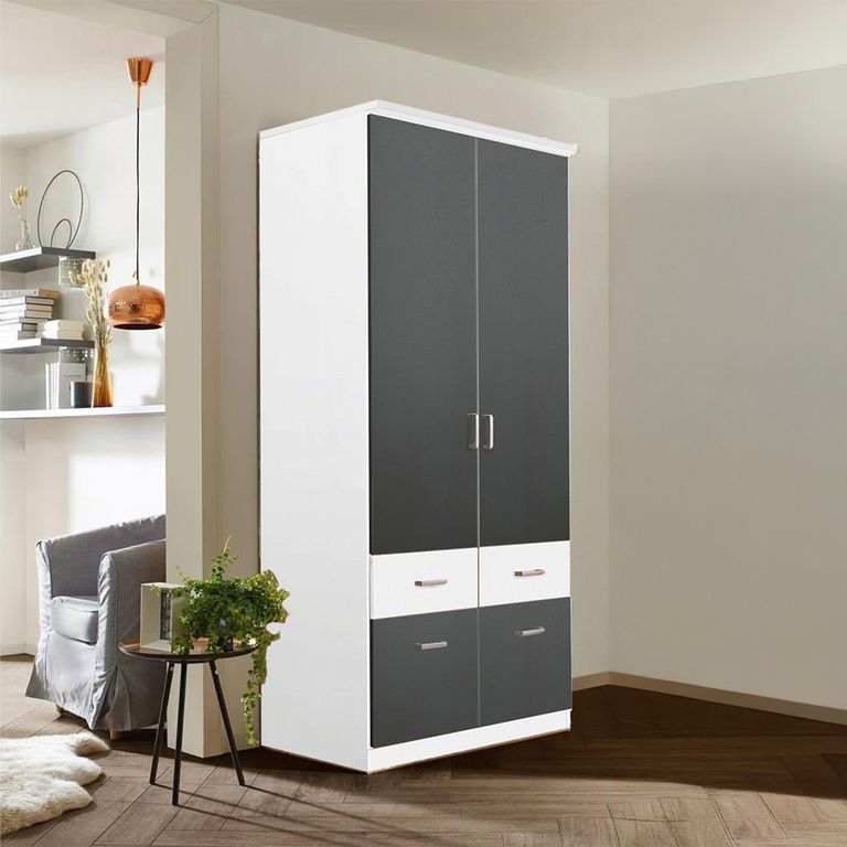 Celle Super Wardrobe - 91cm - 2 Door - 4 Drawer & Extras - Alpine White & Metallic Dark Grey