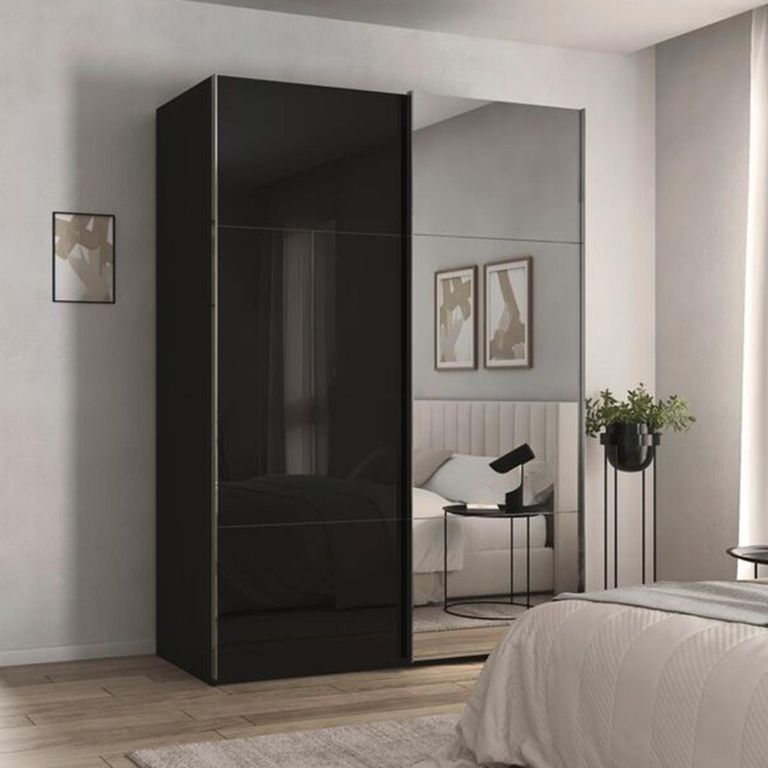 Rauch Contido 162cm 2 Door Sliding Mirror Wardrobe with Extras - Black Glass