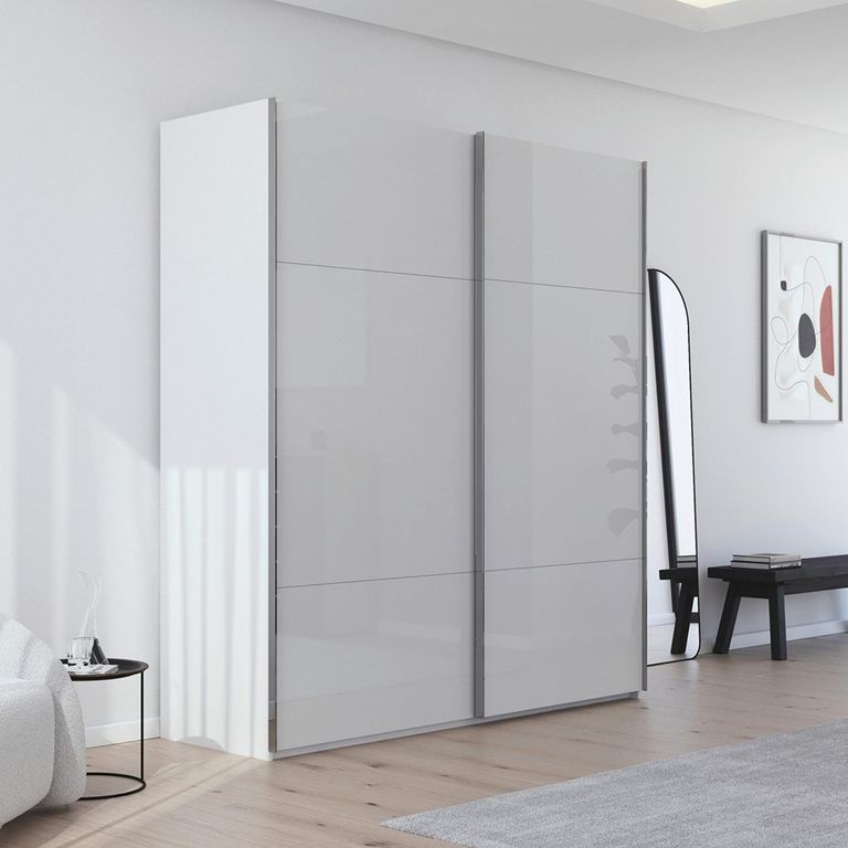 Rauch Contido 201cm 2 Door Sliding Wardrobe with Extras - Crystal White Glass