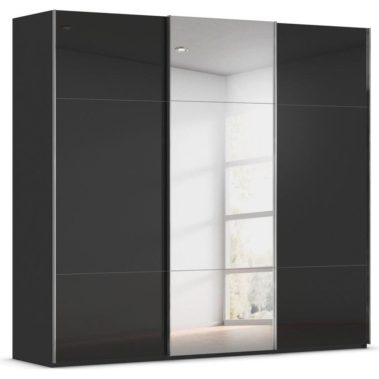 Rauch Contido 242cm 3 Door Sliding Mirror Wardrobe with Extras - Black Glass