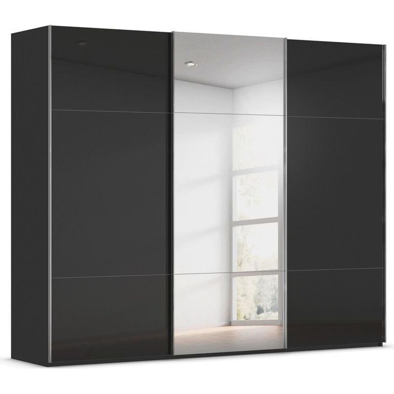 Rauch Contido 271cm 3 Door Sliding Mirror Wardrobe with Extras - Black Glass