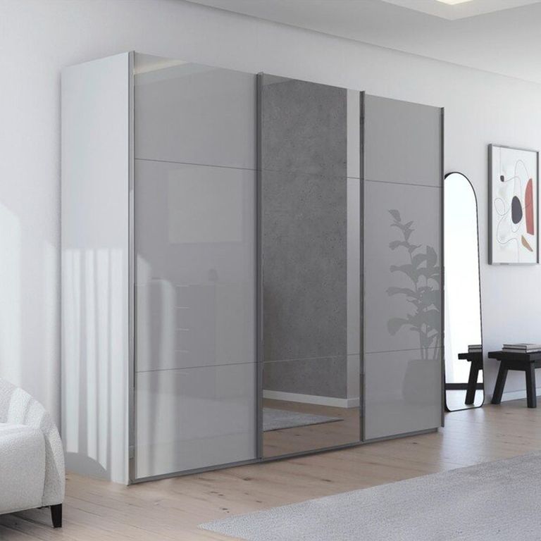 Rauch Contido 271cm 3 Door Sliding Mirror Wardrobe with Extras - Silk Grey Glass