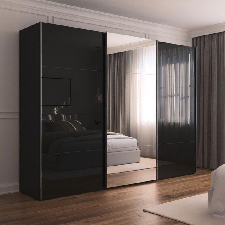Rauch Contido 301cm 3 Door Sliding Mirror Wardrobe with Extras - Black Glass