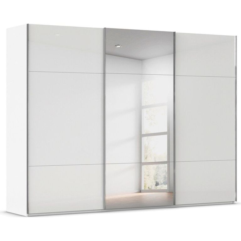 Rauch Contido 301cm 3 Door Sliding Mirror Wardrobe with Extras - Crystal White Glass