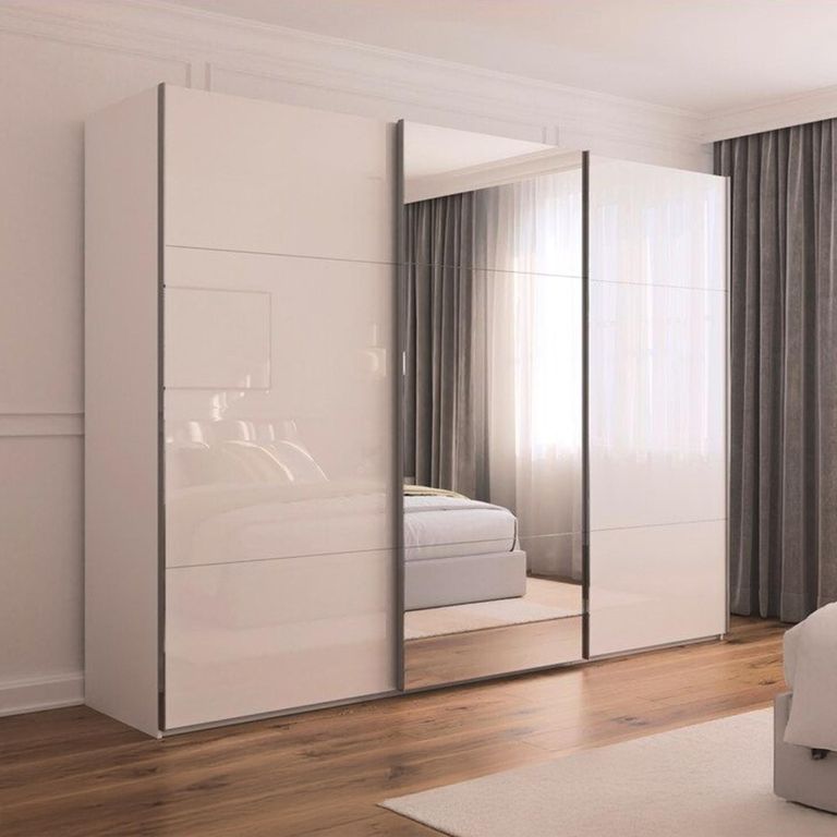 Rauch Contido 301cm 3 Door Sliding Mirror Wardrobe with Extras - Crystal White Glass