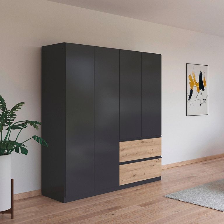 Rauch Costa 181cm 4 Door Wardrobe with Drawers - Metallic Dark Grey and Artisan Oak