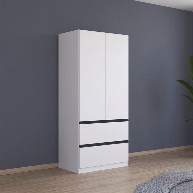Rauch Costa 91cm 2 Door Wardrobe with Drawers and Metallic Dark Grey Handle - Alpine White