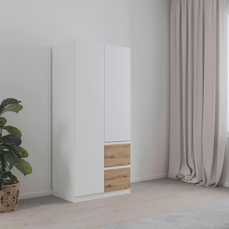 Rauch Costa 91cm 2 Door Wardrobe with LHF Drawers - Alpine White and Artisan Oak