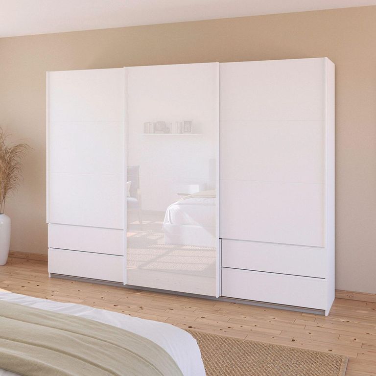 Rauch Elara 271cm 3 Door Combi Sliding Wardrobe - Alpine White and White Glass