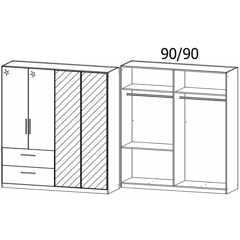 Rauch Elegant4you 181cm 4 Door Combi Wardrobe with 2 Drawer - 197cm - Alpine White and White High Gloss