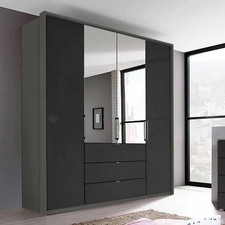 Rauch Erimo 204cm 4 Door Combi Wardrobe with 3 Drawer - Graphite and Basalt Glass
