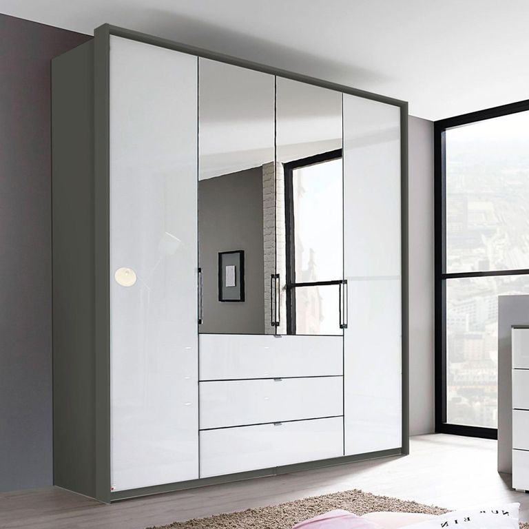 Rauch Erimo 204cm 4 Door Combi Wardrobe with 3 Drawer - Graphite and Crystal White Glass