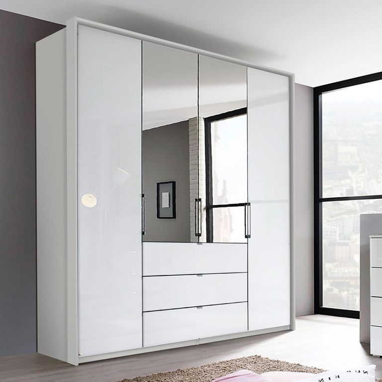 Rauch Erimo 204cm 4 Door Combi Wardrobe with 3 Drawer - Silk Grey and Crystal White Glass