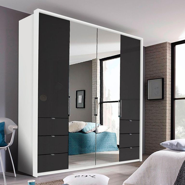 Erimo Wardrobe - 204cm - 4 Door - 6 Drawer - Combi - Alpine White & Basalt Glass